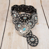 Black Western Turquoise Concho Disc Leather Belt