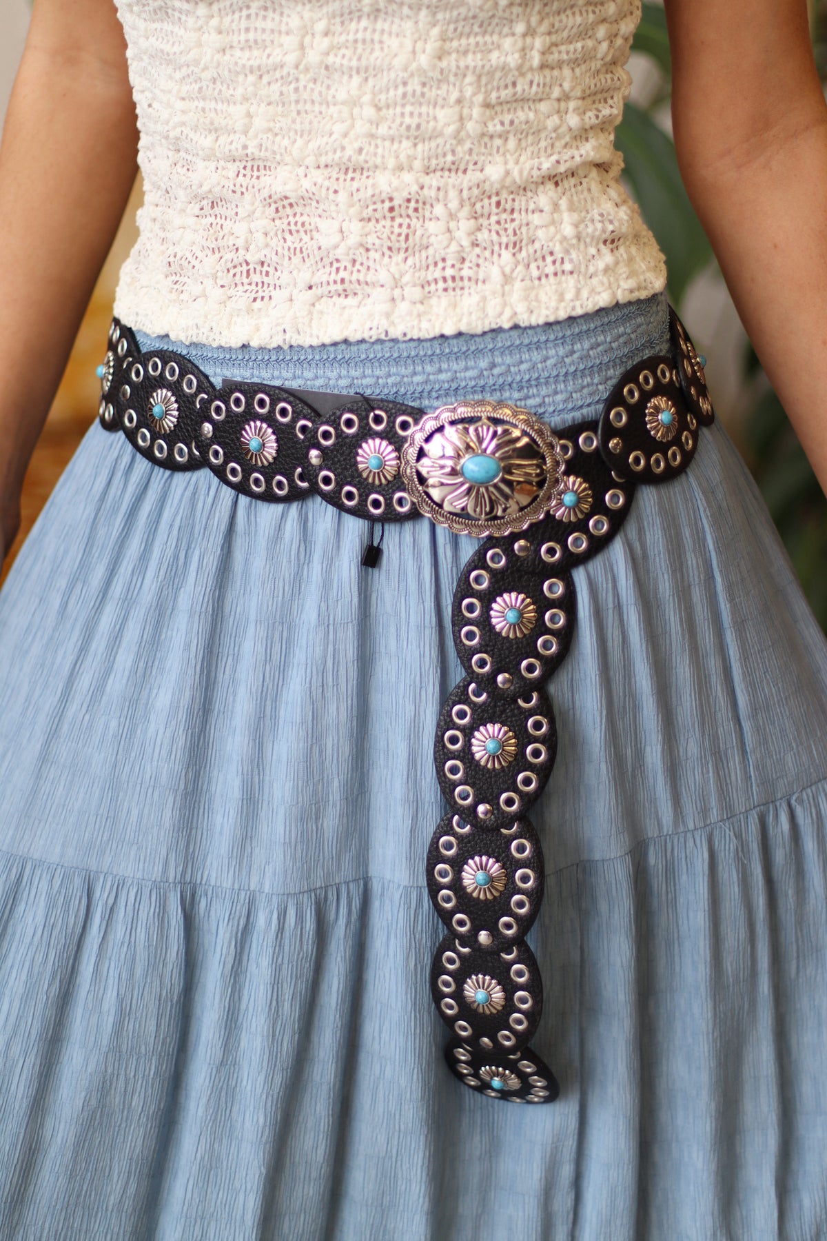 Black Western Turquoise Concho Disc Leather Belt