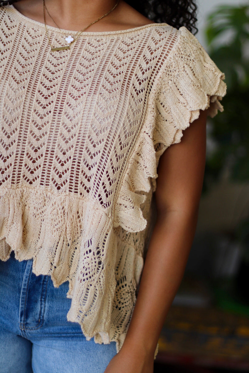 Oversized Pointelle Flutter Sleeve Top