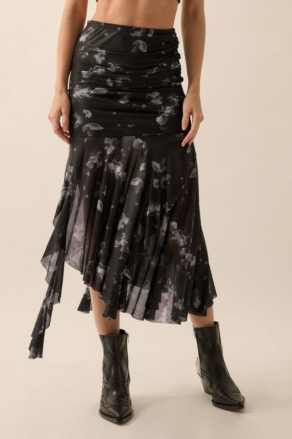 Go With The Flow Black Floral Mesh Asymmetrical Skirt