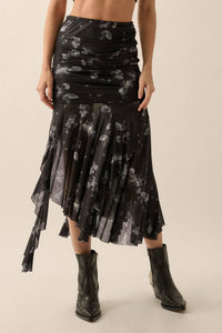 Go With The Flow Black Floral Mesh Asymmetrical Skirt