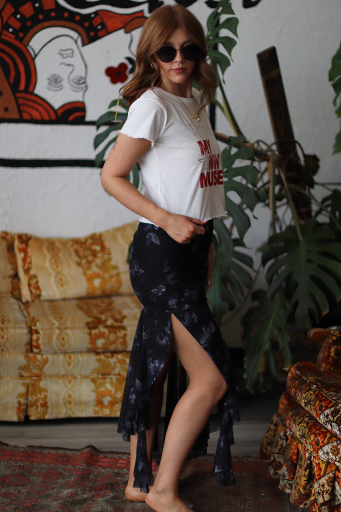Go With The Flow Black Floral Mesh Asymmetrical Skirt