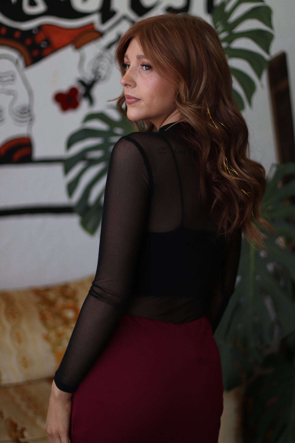 Black Long Sleeve Mock Neck Mesh Bodysuit