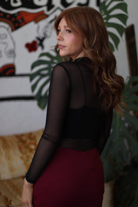 Black Long Sleeve Mock Neck Mesh Bodysuit