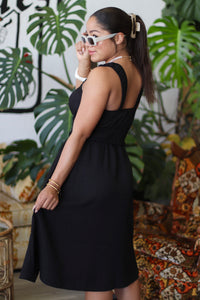 Smocked Waist Woven Midi Dress Black