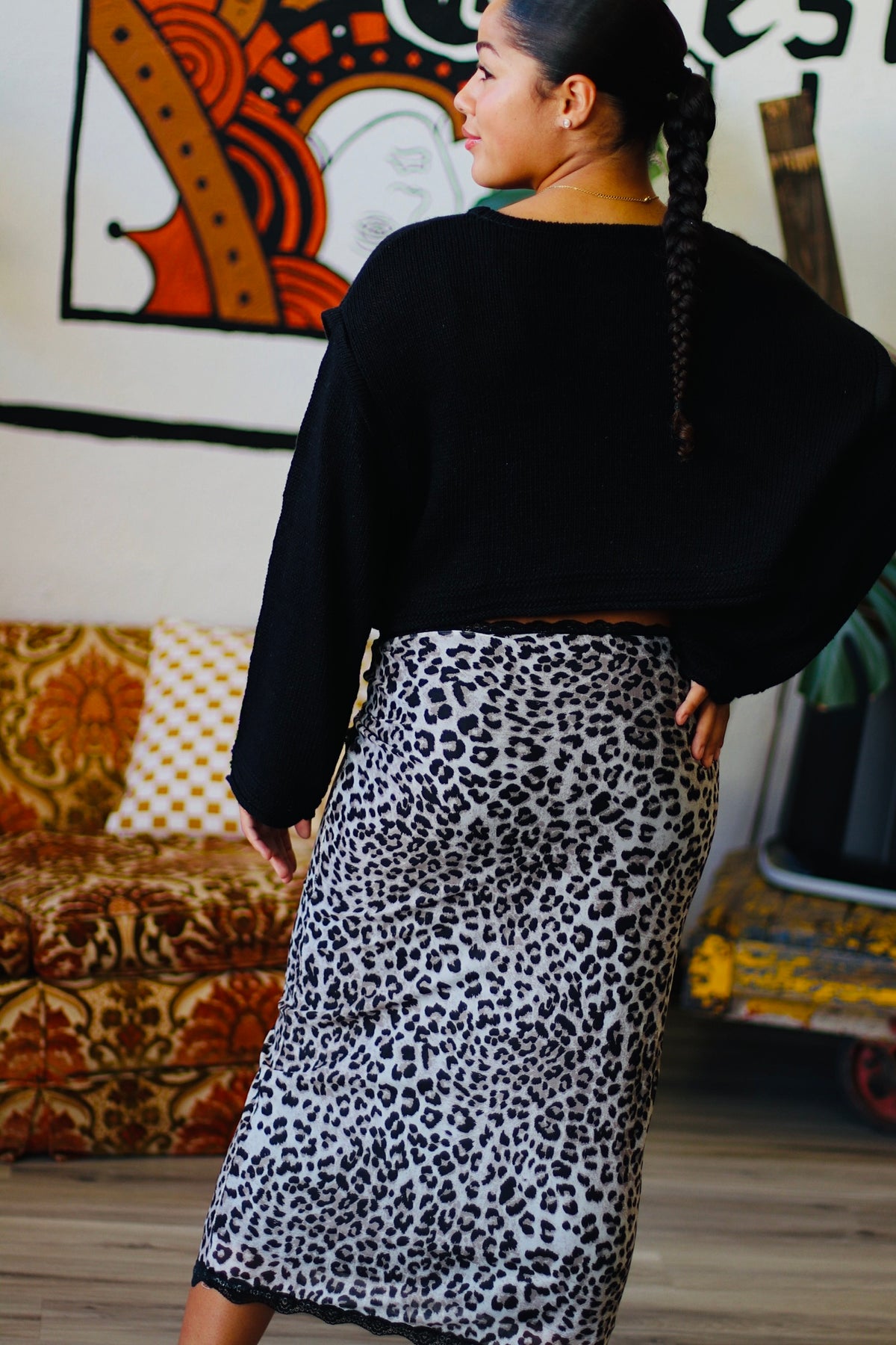 Leopard Pencil Skirt w/ Lace Trim
