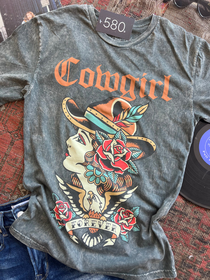 Cowgirl Forever Tattoo Stone Gray Mineral Wash Graphic Tee