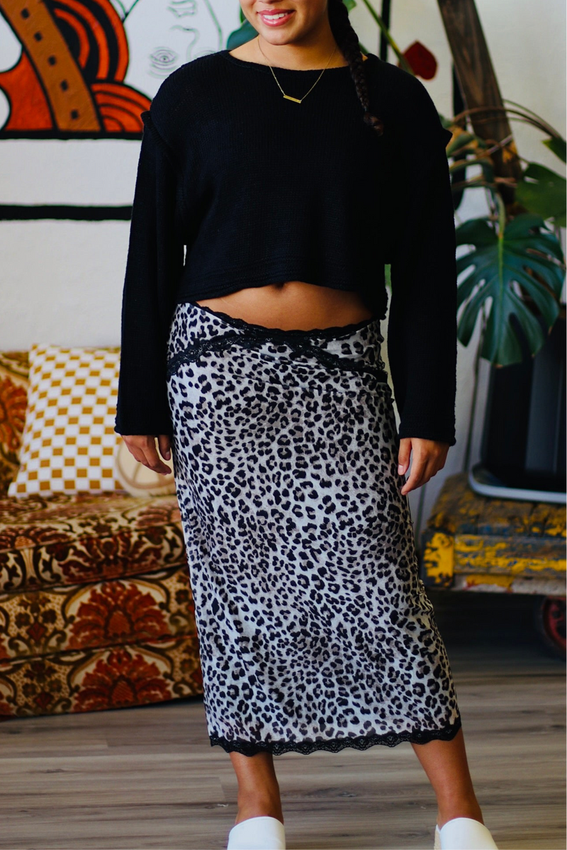 Leopard Pencil Skirt w/ Lace Trim