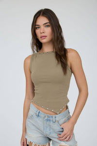 Khaki Studded Asymmetrical Hem Sleeveless Top