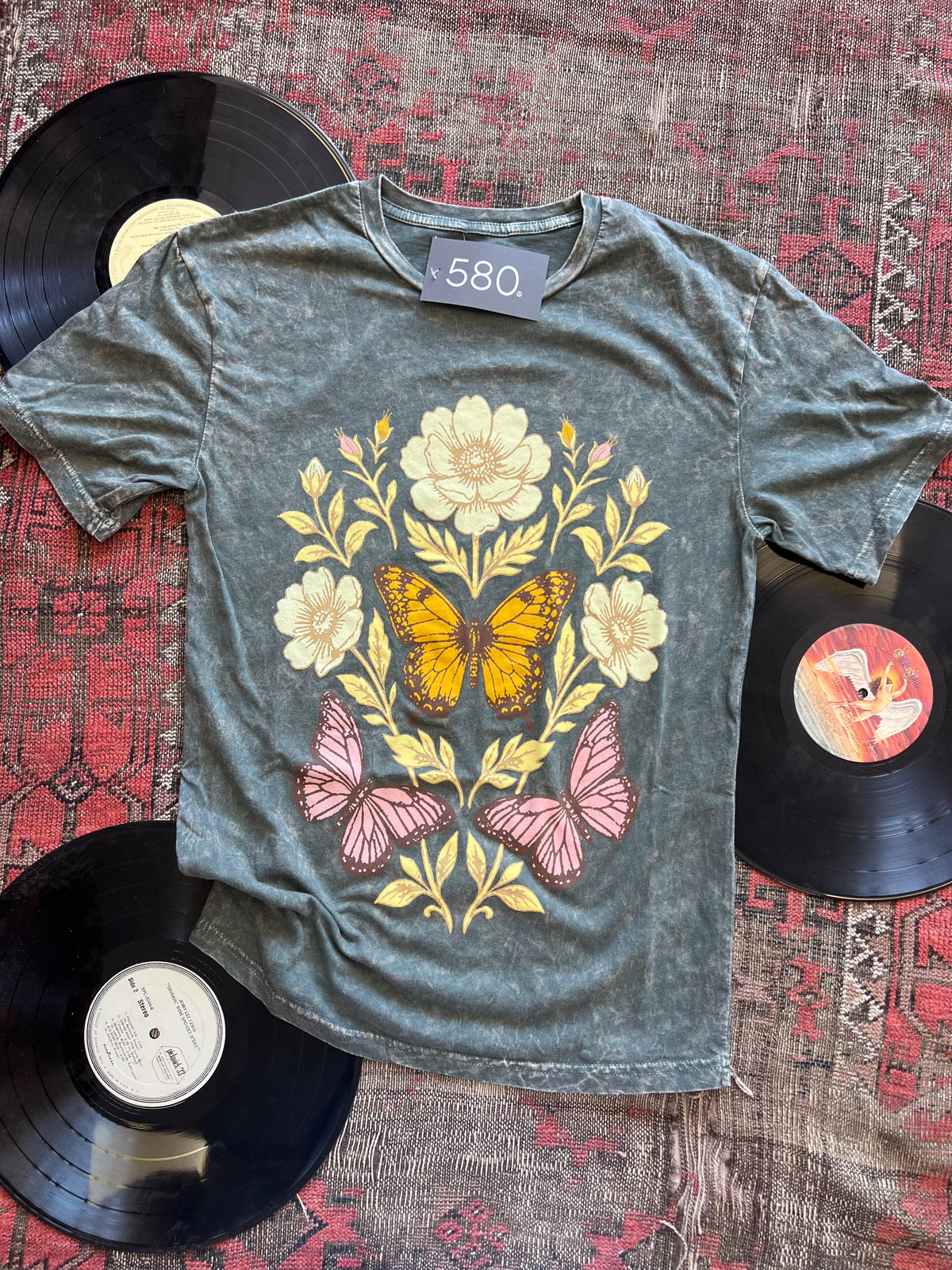 Stone Grey Mineral Wash Butterflies Graphic Tee