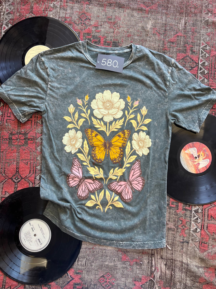 Stone Grey Mineral Wash Butterflies Graphic Tee