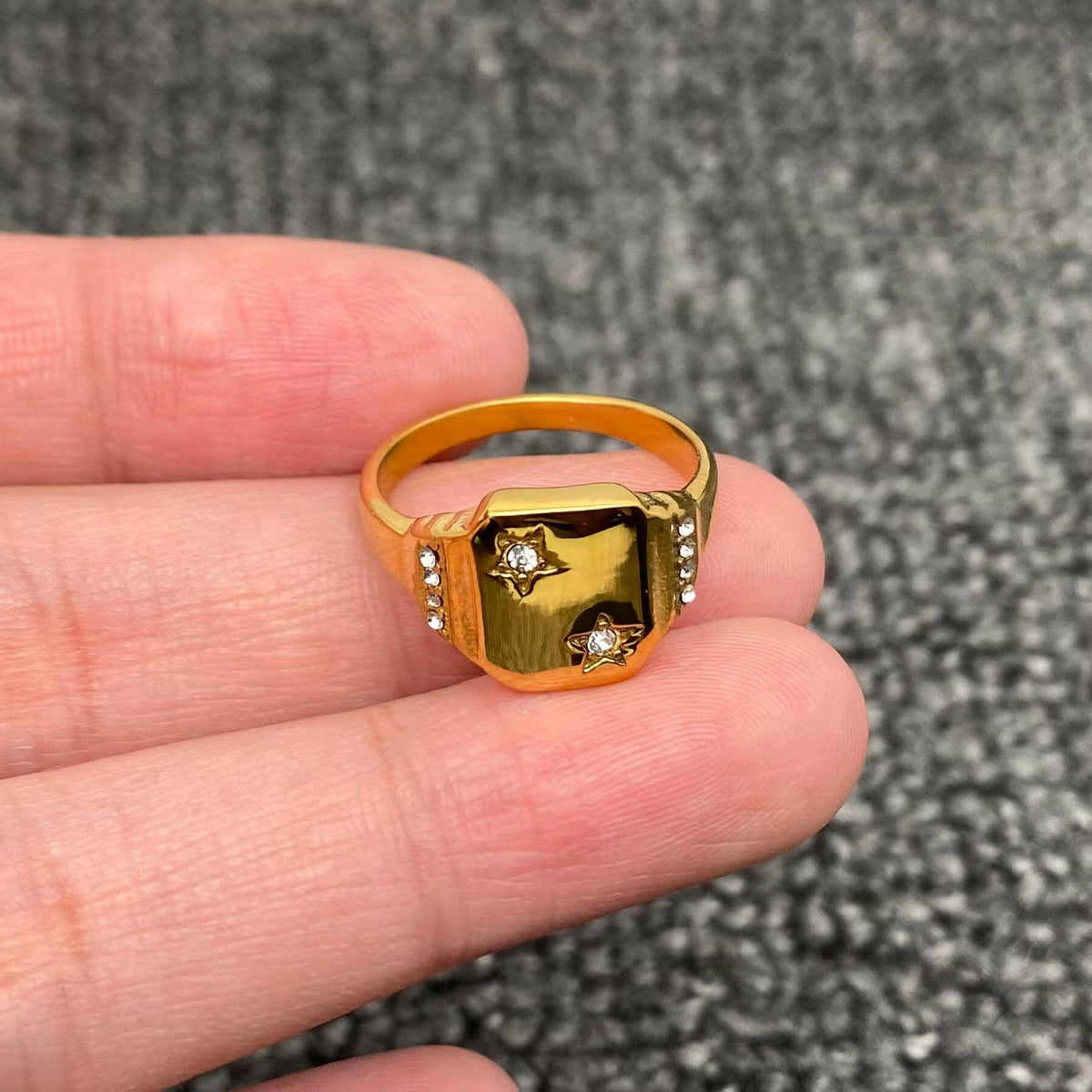 Inlaid CZ Flat Signet 18K Gold Plated Star Ring