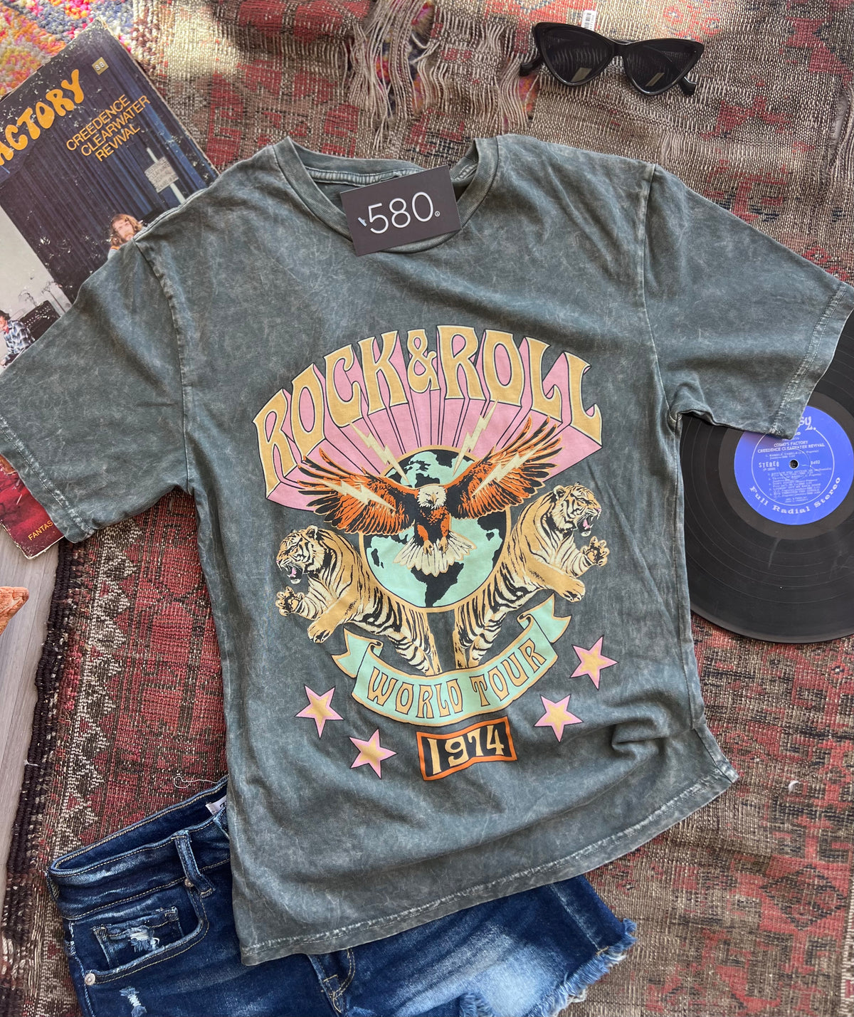 Rock & Roll World Tour Stone Gray Mineral Wash Graphic Tee