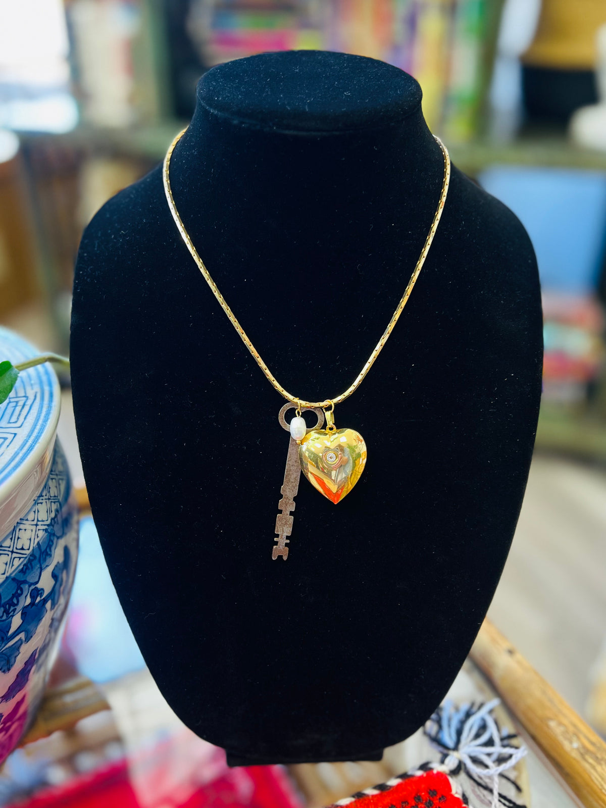 Puffy Vintage Heart Locket & Key Necklace