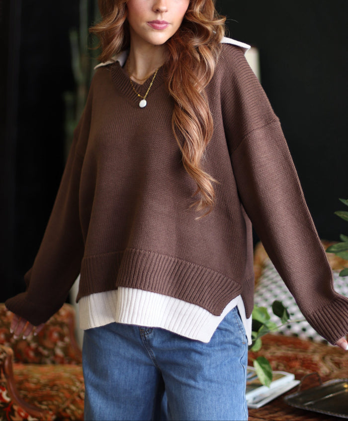 Veronica Collared V-Neck Sweater + Brown