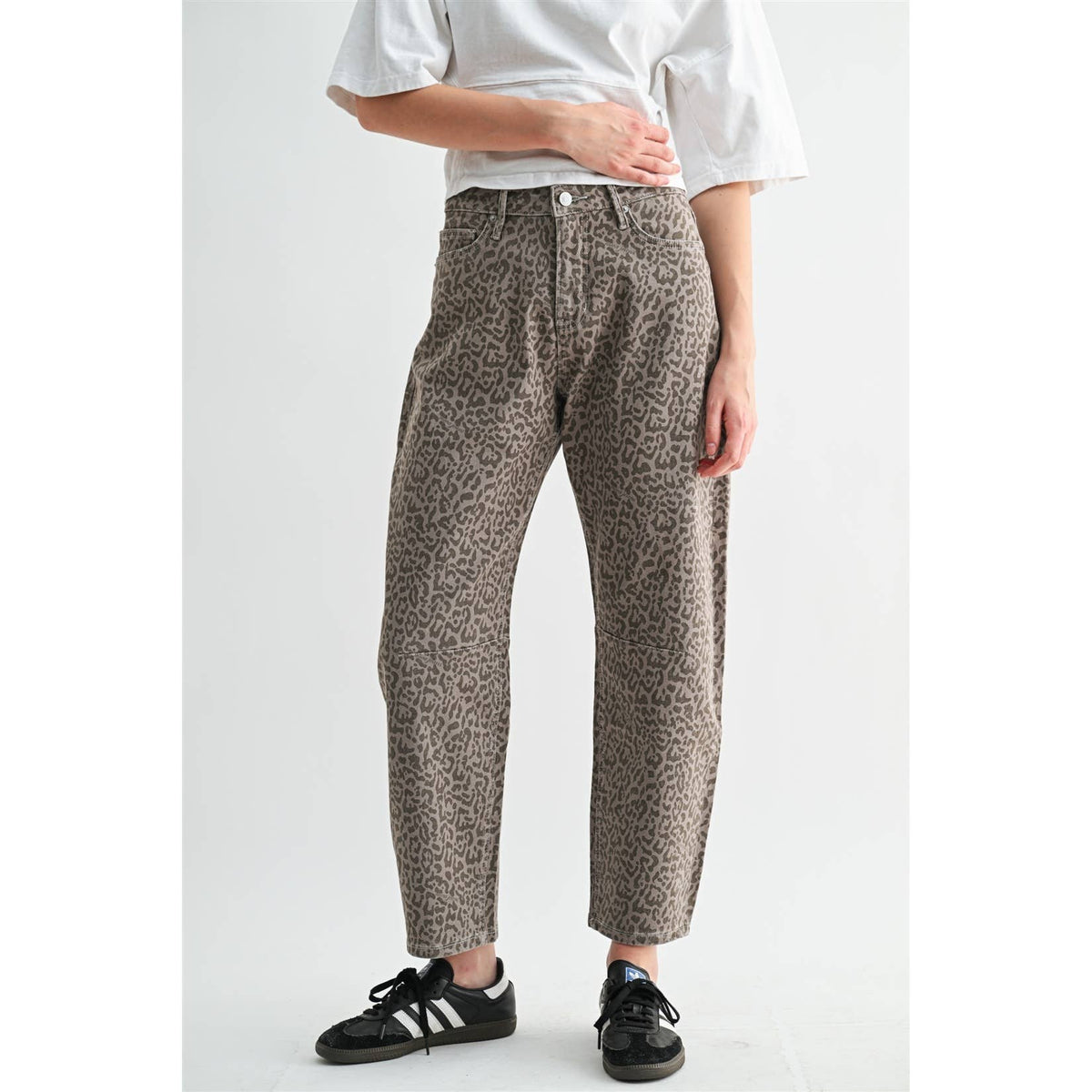 On The Prowl Leopard Barrel Leg Jeans