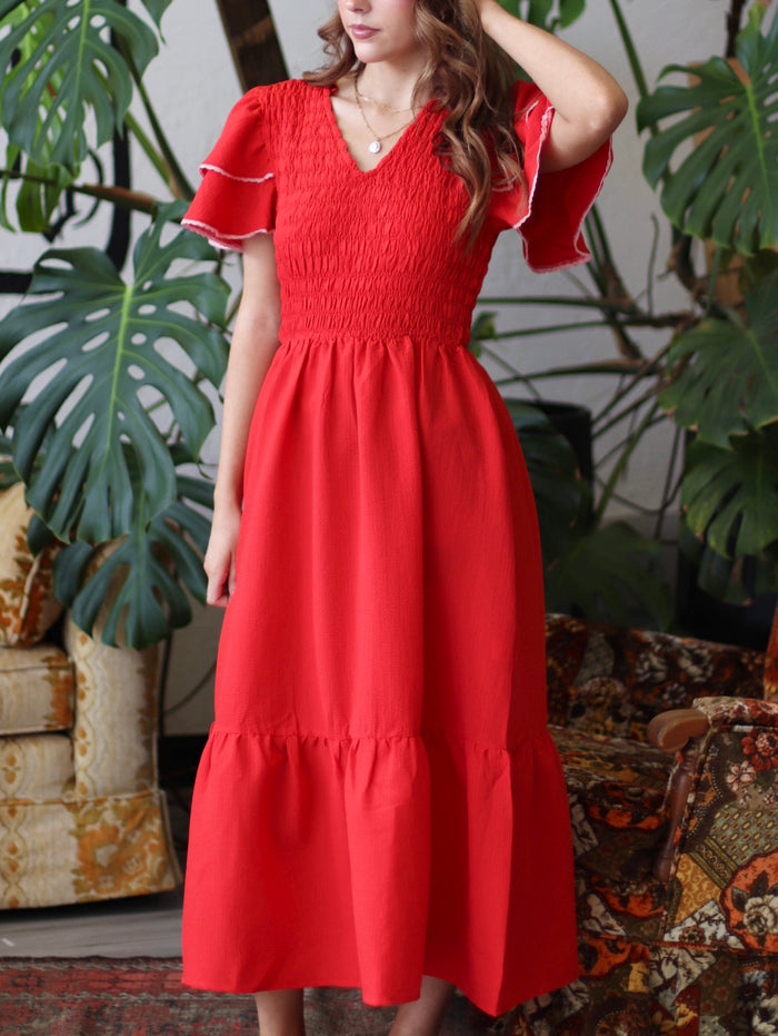 Red Ruffle Sleeve Midi Dress