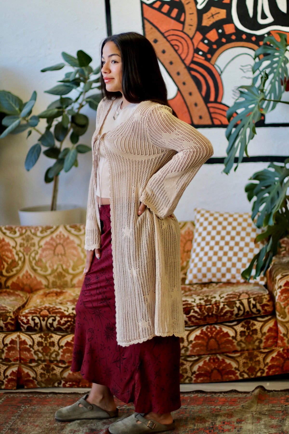 Celestial Lacy Longline Cardigan in Sand