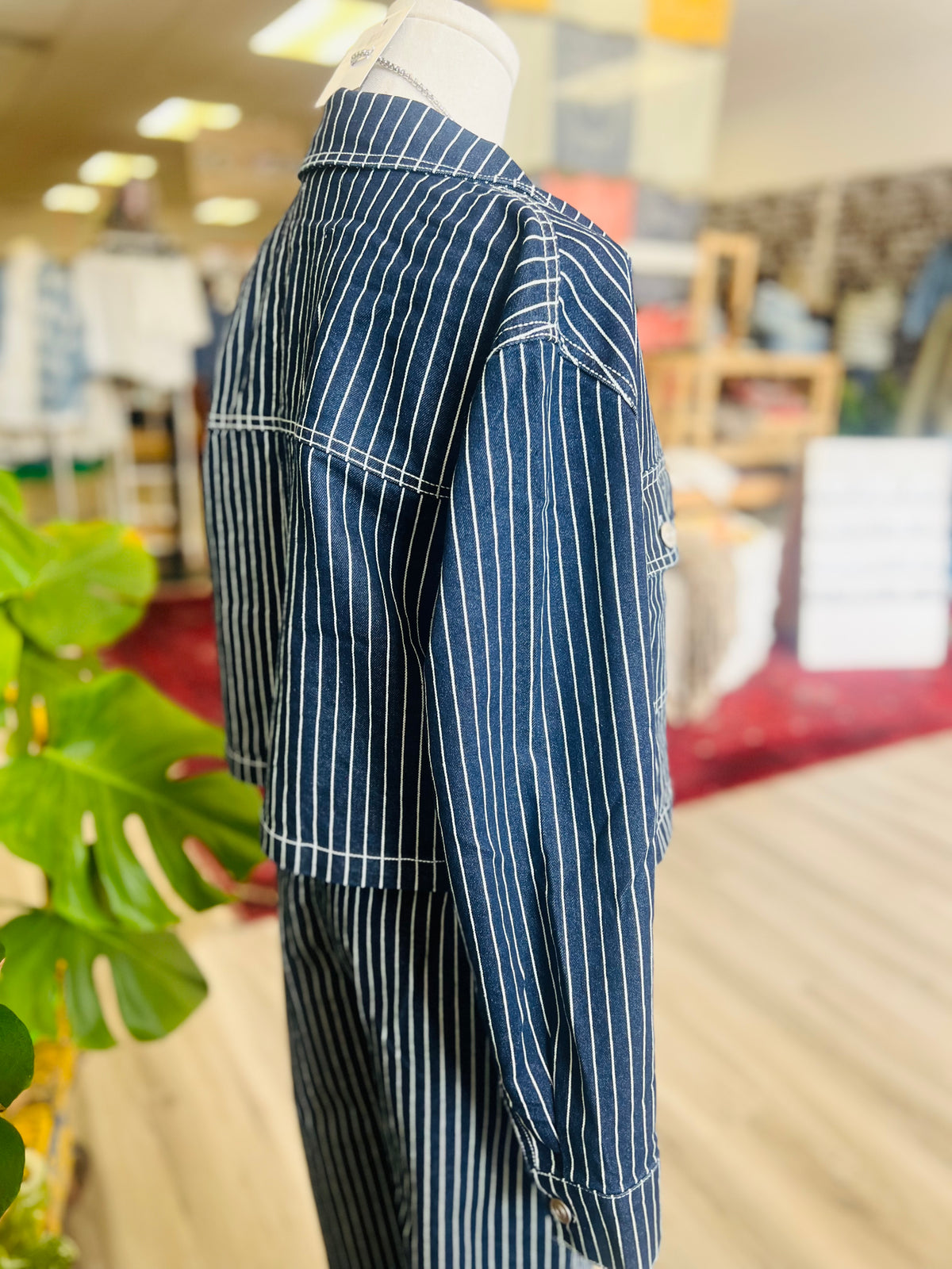 Navy Pinstripe Cropped Denim Jacket