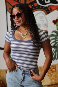 Elena Blue Striped Scoop Neck Fitted Top