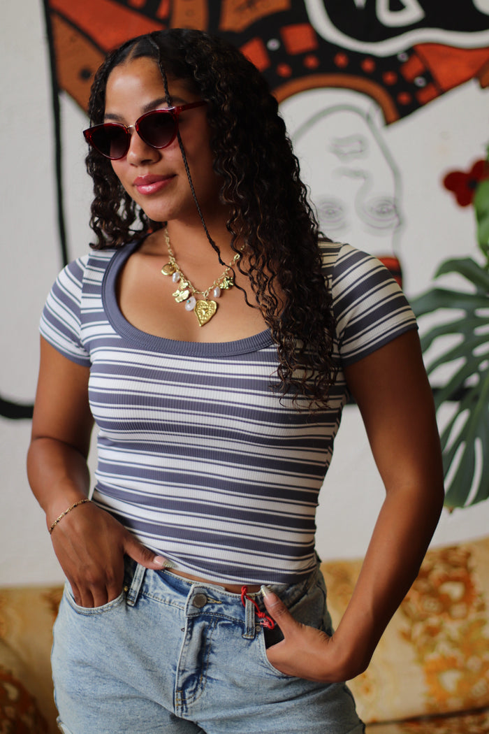 Elena Blue Striped Scoop Neck Fitted Top