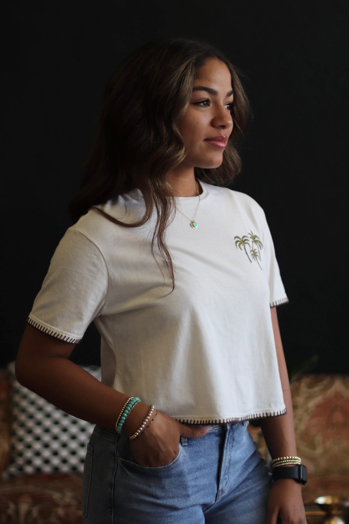 Palm Tree Embroidery Top