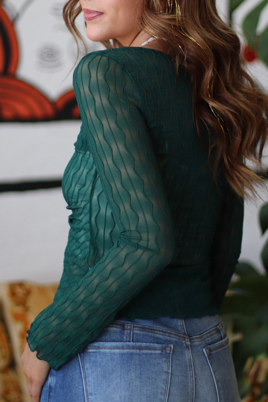 Green Sheer Cinched Front Flyaway Long Sleeve Top