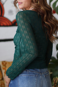 Green Sheer Cinched Front Flyaway Long Sleeve Top