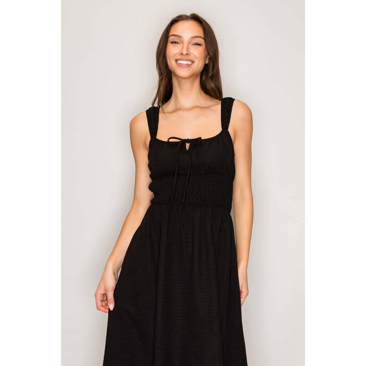 Smocked Waist Woven Midi Dress Black