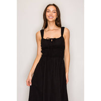 Smocked Waist Woven Midi Dress Black