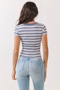 Elena Blue Striped Scoop Neck Fitted Top