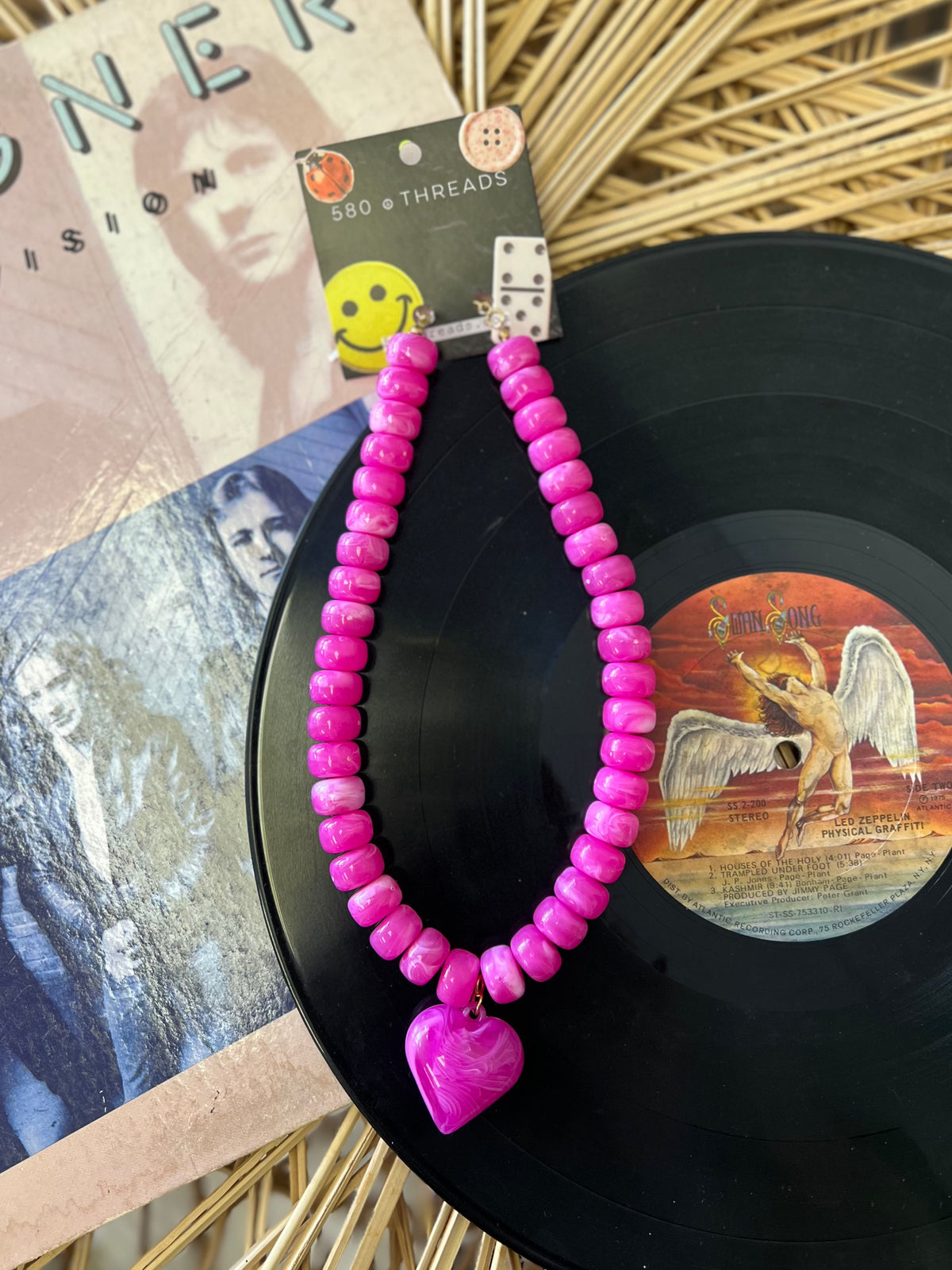 Pink Heart Pendant Resin Beaded Necklace