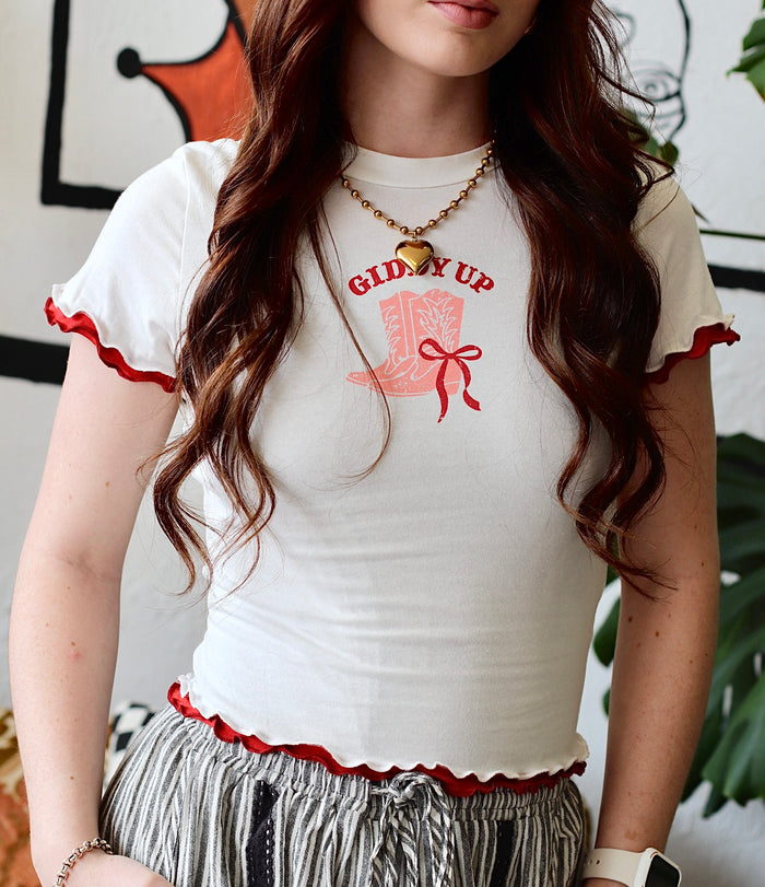 Giddy Up Ruffle Top in Ivory