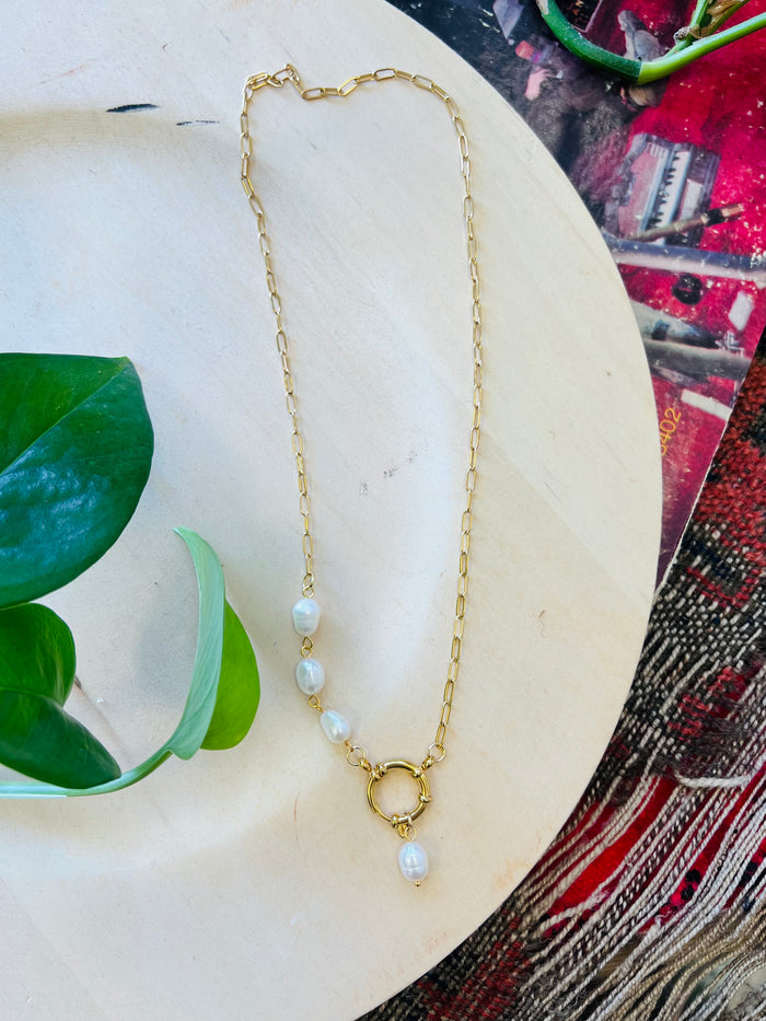 Four Pearl Drop 18K GP Necklace w/Charm Holder