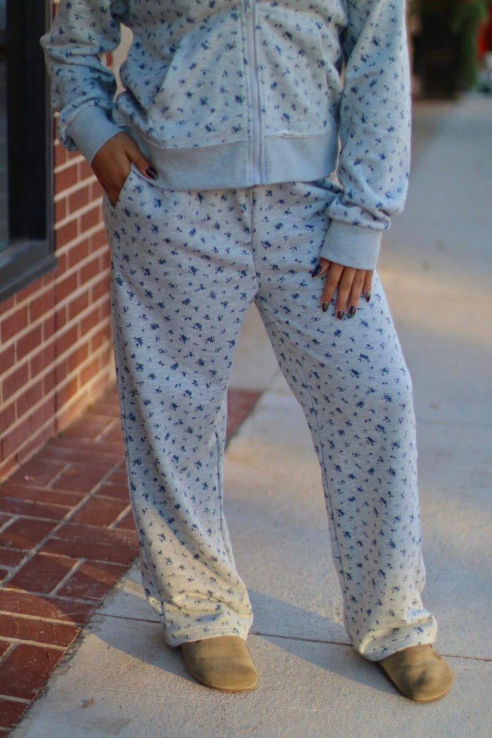 Rory Grey Floral Print Wide Leg Casual Pants