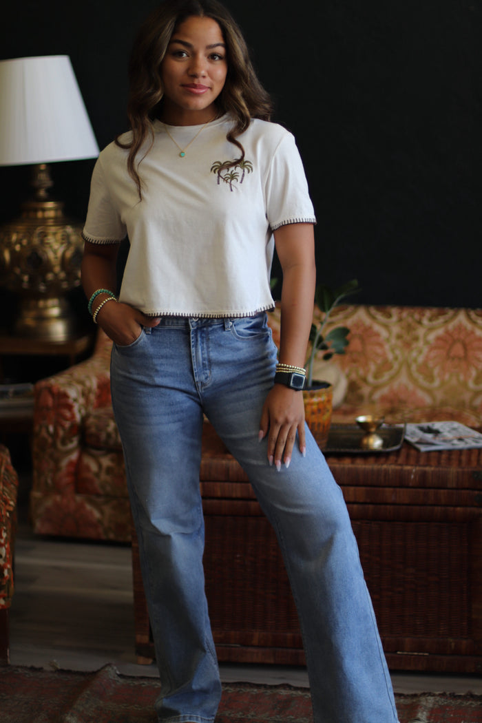 Palm Tree Embroidery Top