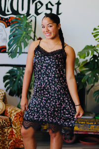Black Floral Mini Slip Dress w/ Lace Detail