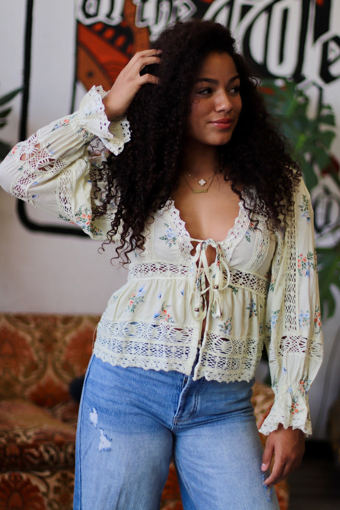 Cottage Core Cream Tie Blouse