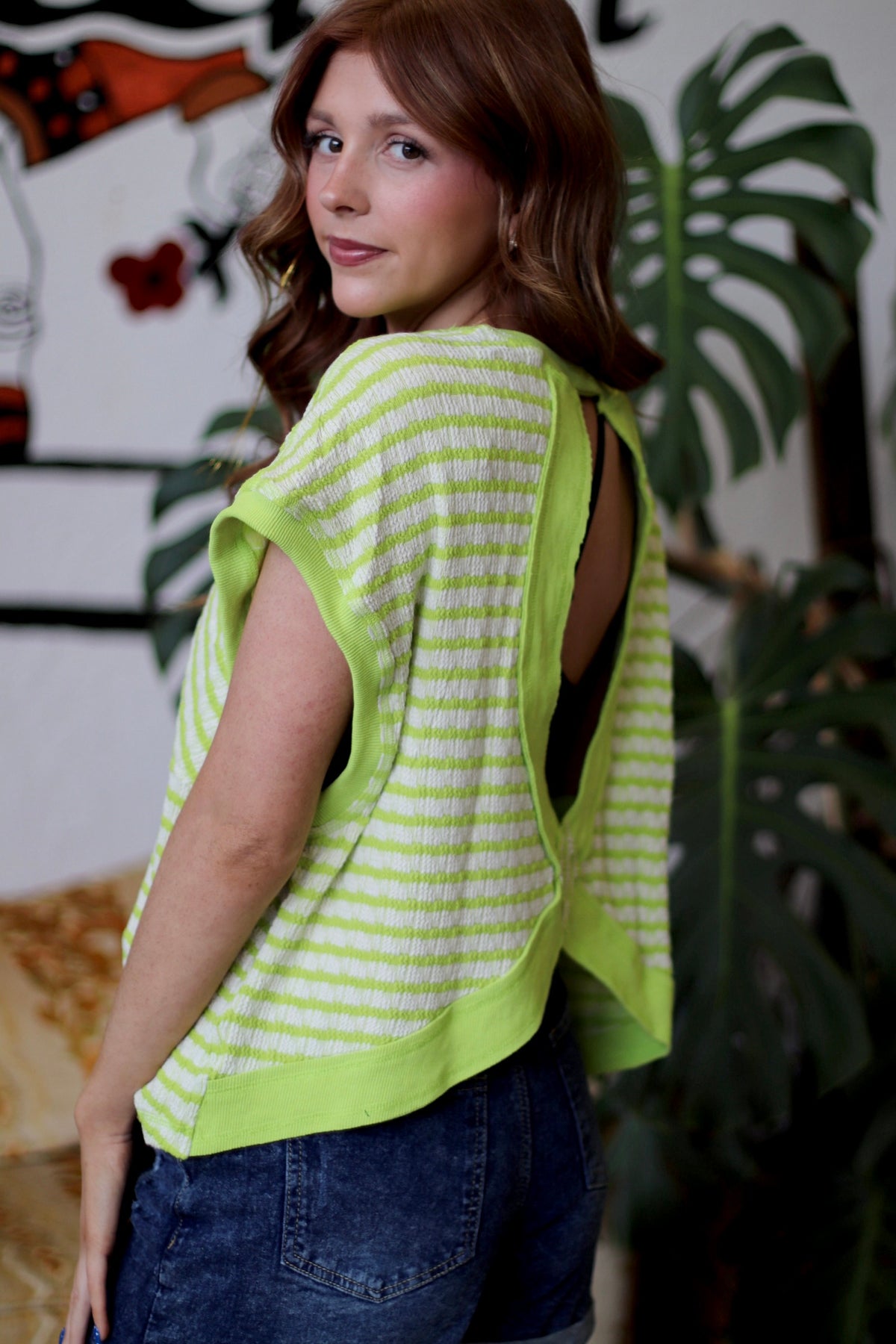 580 Friday Lime Striped Open Back Top