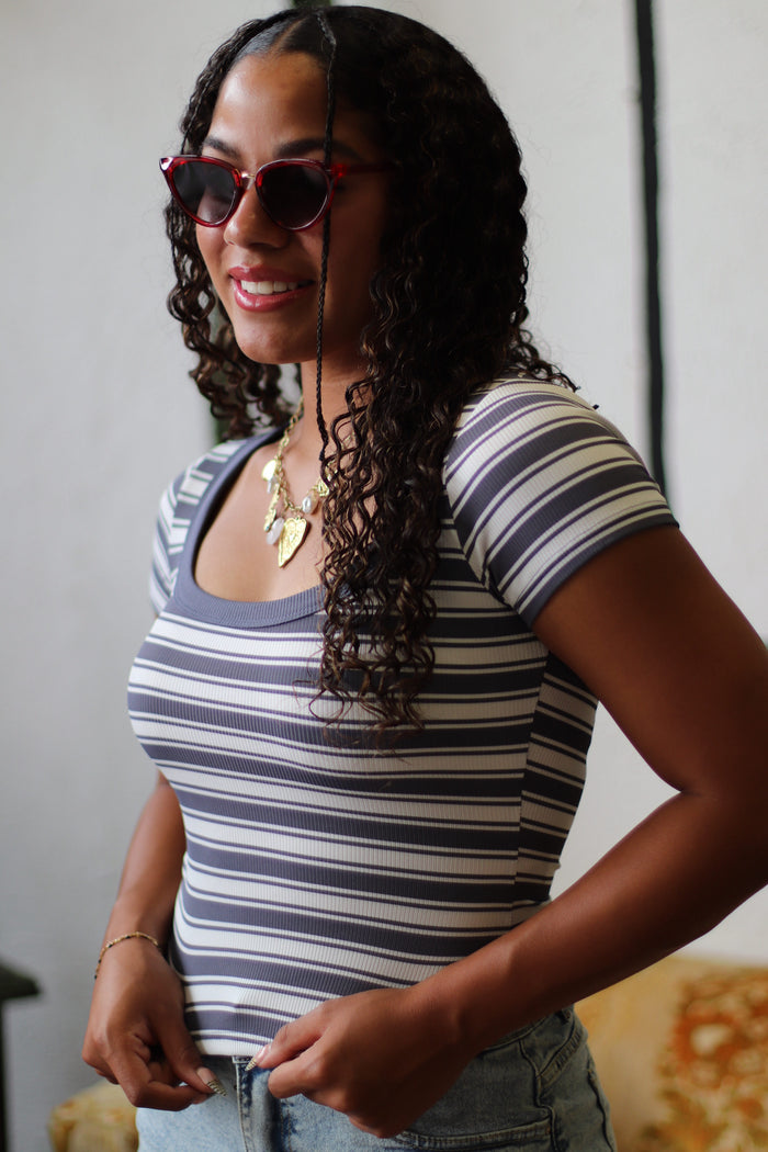 Elena Blue Striped Scoop Neck Fitted Top
