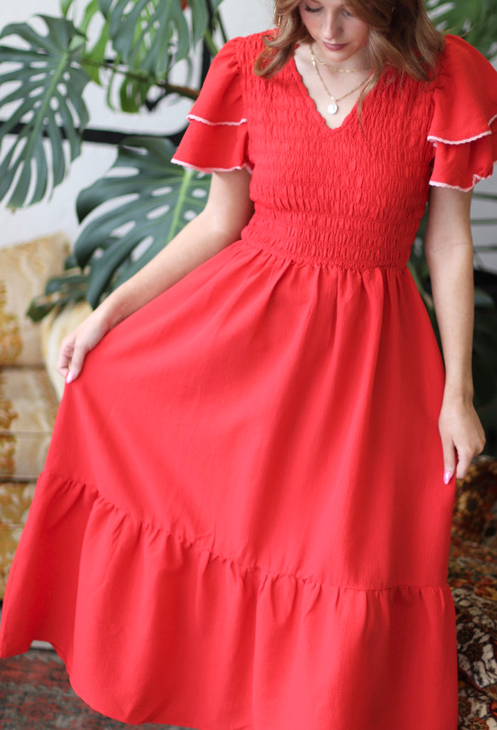 Red Ruffle Sleeve Midi Dress
