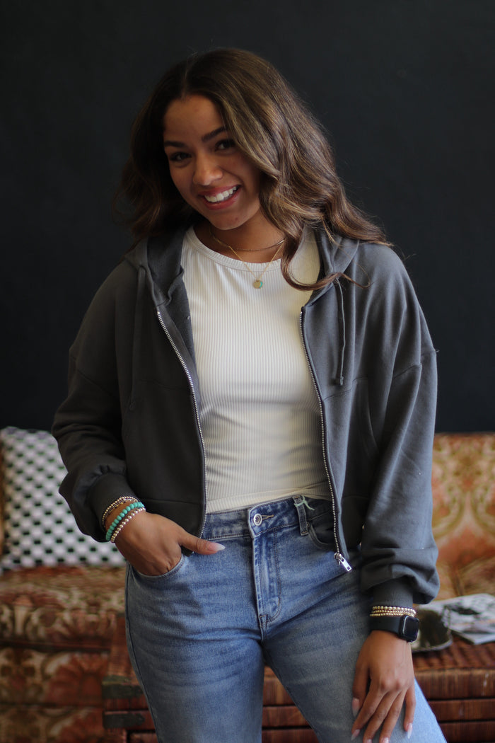 Casual Grey Zip Up Hoodie Jacket