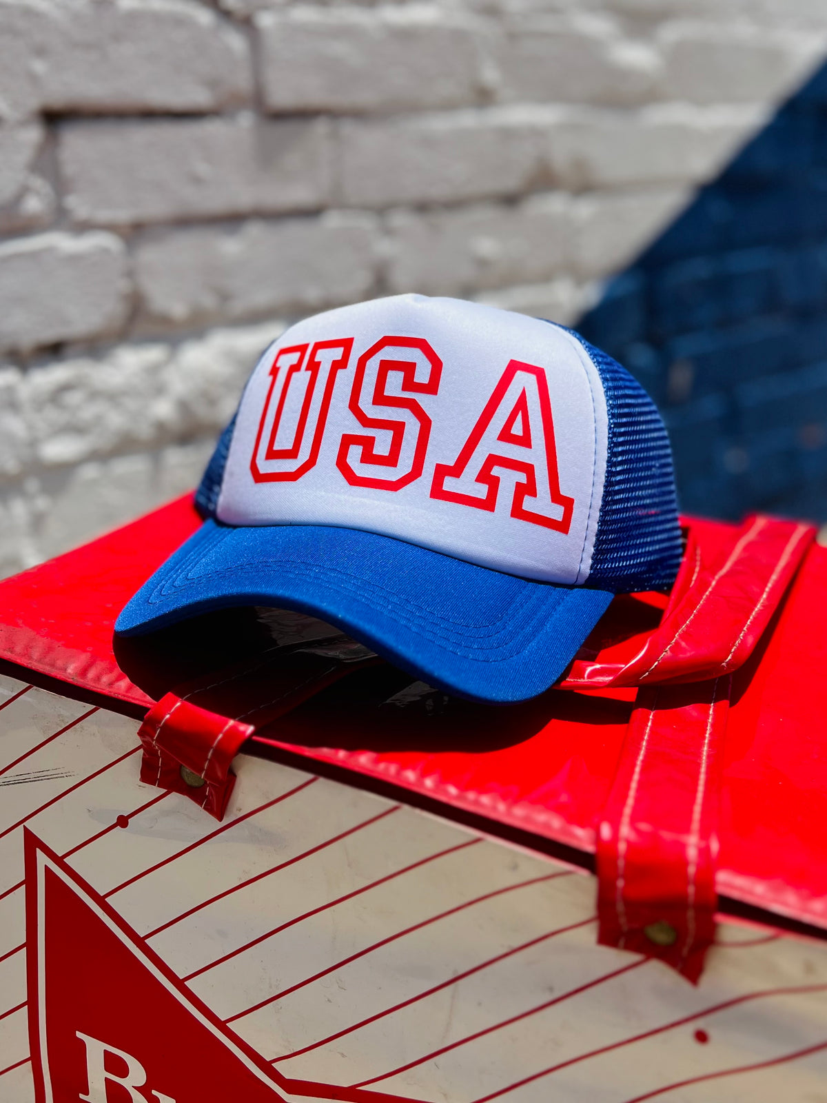 580 Trucker Hat + Red USA on Blue