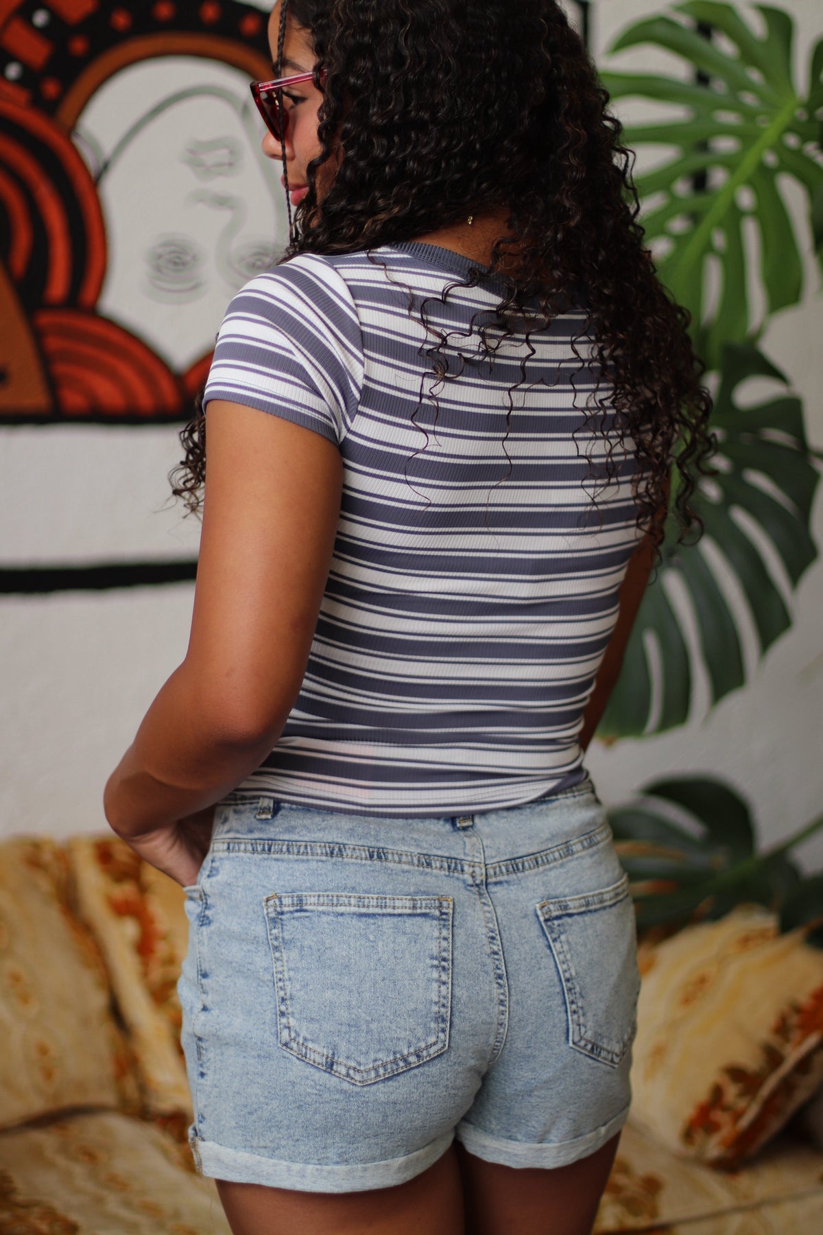 Elena Blue Striped Scoop Neck Fitted Top