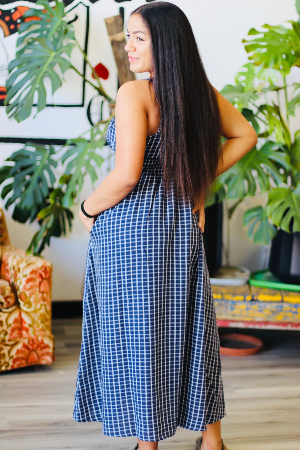 Navy Plaid Corset Midi Dress