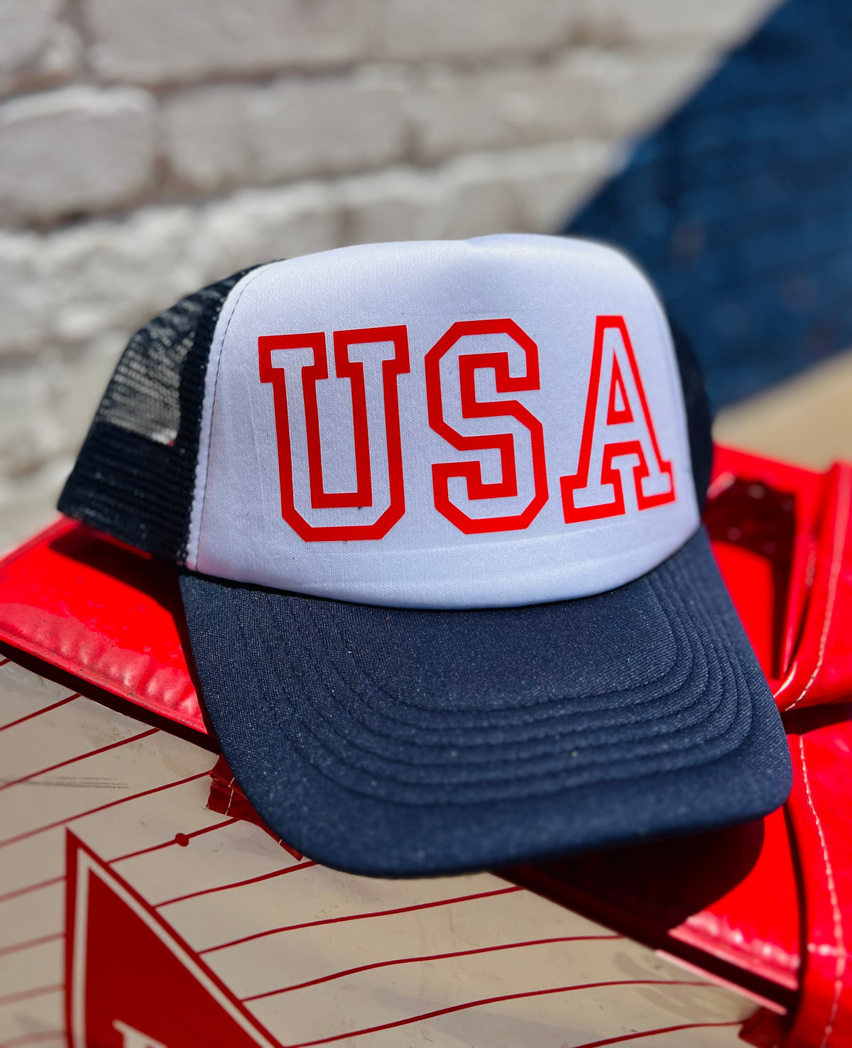 580 Trucker Hat + Red USA on Navy