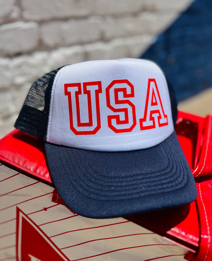 580 Trucker Hat + Red USA on Navy