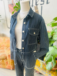 Navy Pinstripe Cropped Denim Jacket