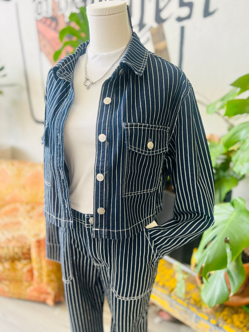Navy Pinstripe Cropped Denim Jacket