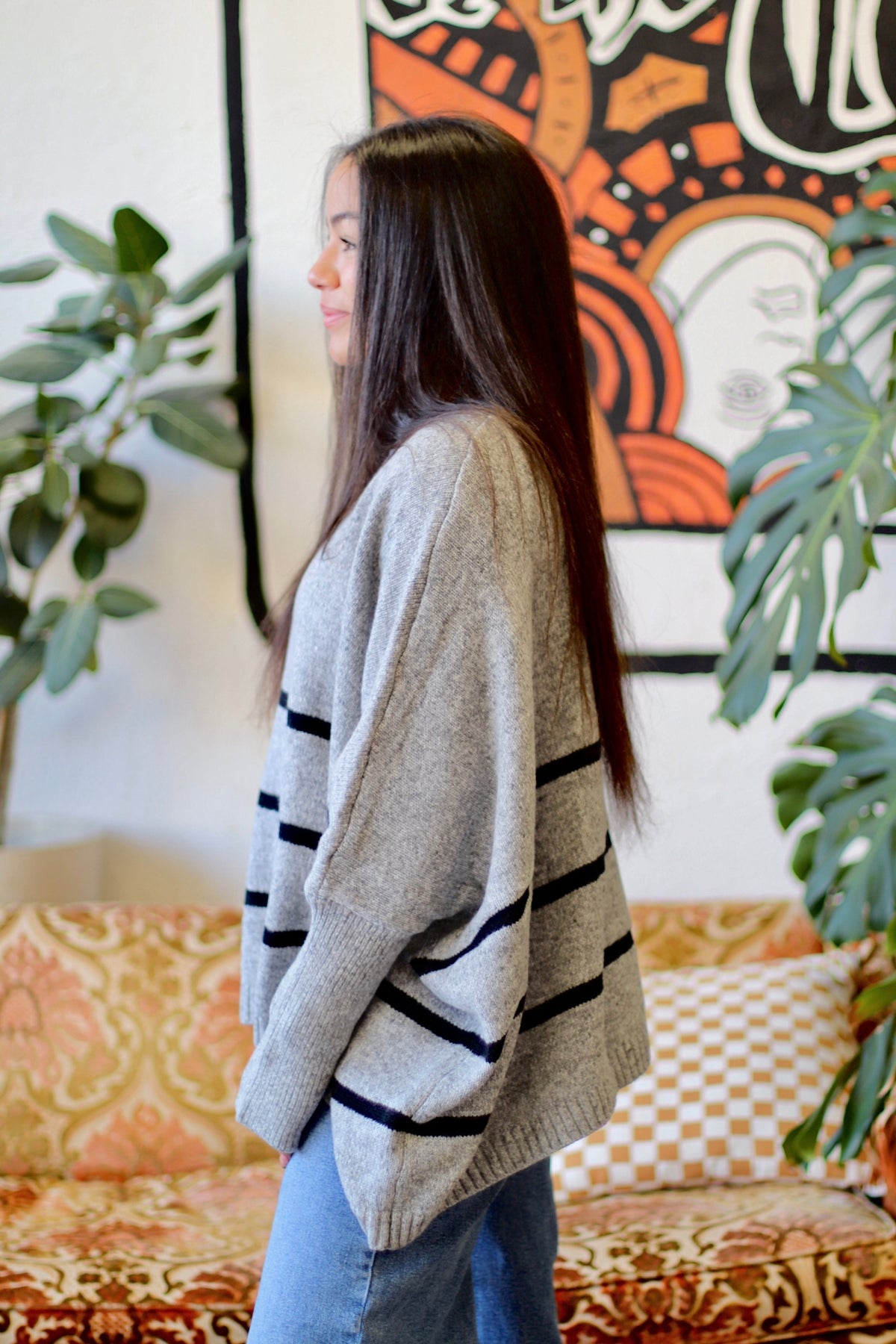 Striped Turtle Neck Oversized Sweater + Grey